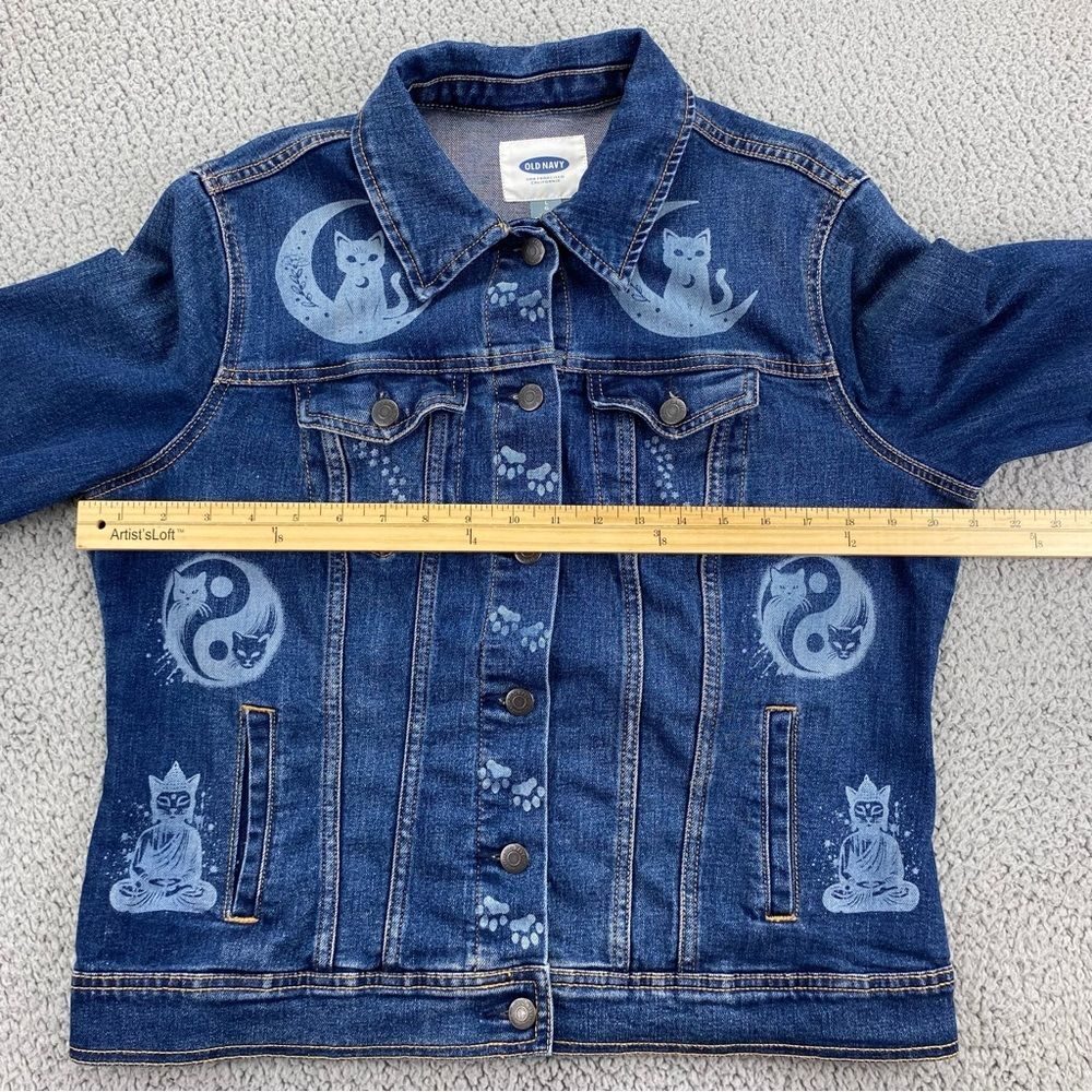 Old Navy Custom Upcycled Denim Jacket Yin-Yang Cats Boho Women's | Size: L - Picture 5 of 13